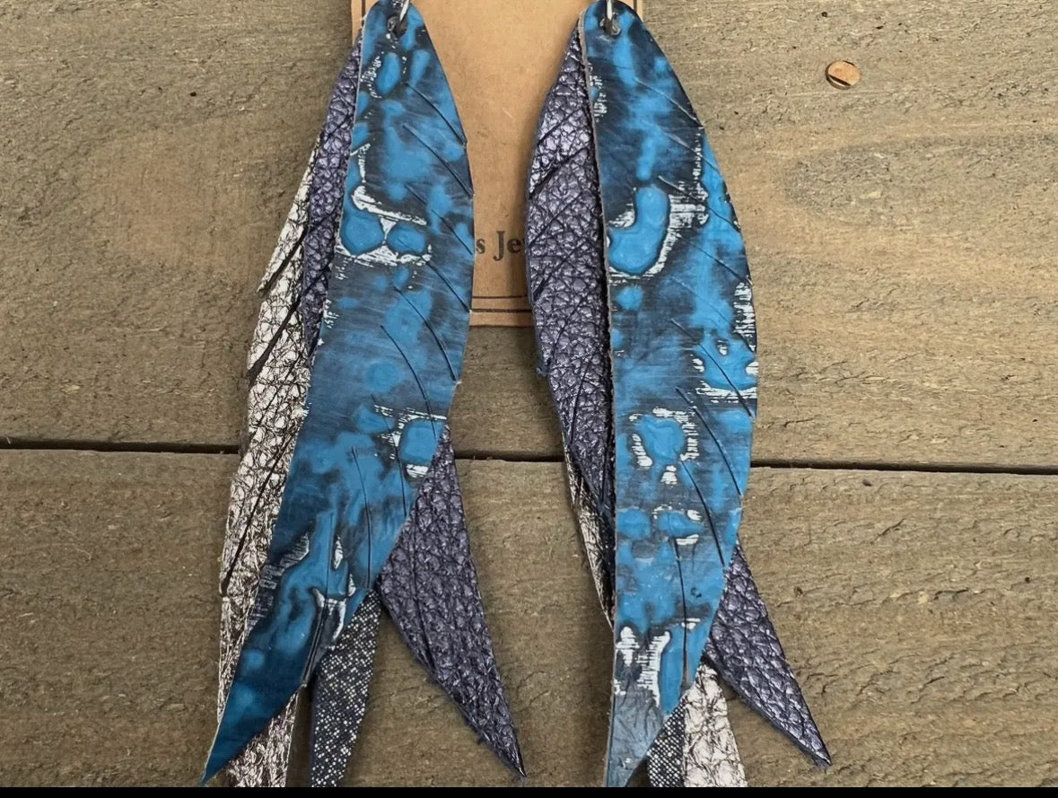 Blue Silver Western fringe Feather Leather earrings