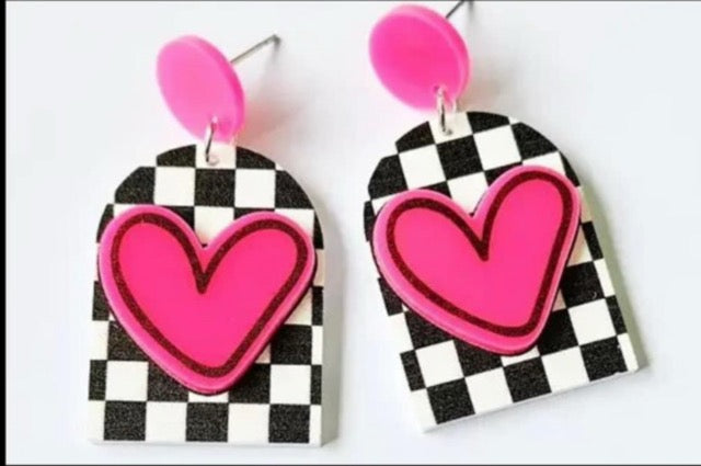 Black and White checked pink heart earrings
