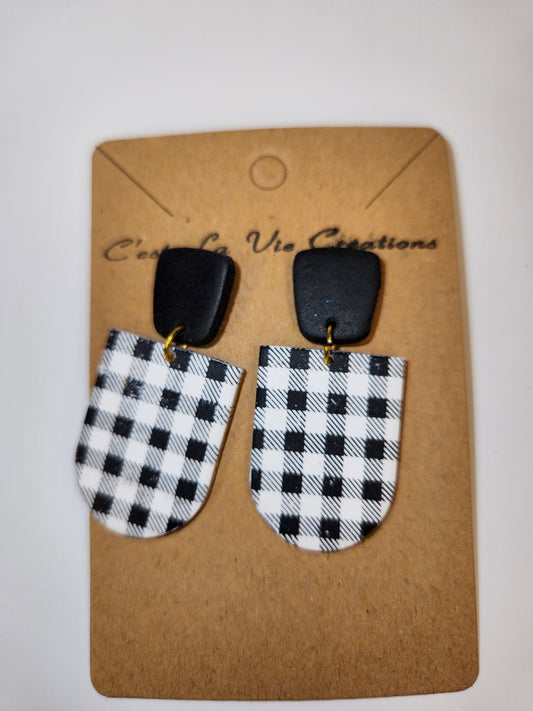 Earrings Black and White Plaid Clay