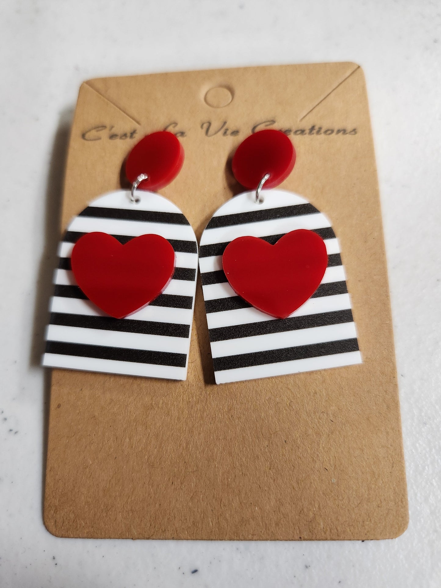 Earrings Valentine (Red heart with Black and White Stripe)