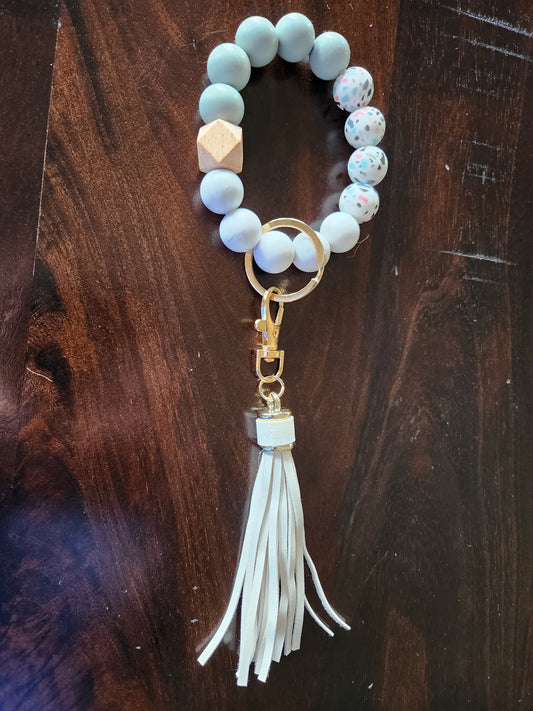 Silicone beaded tassel keychain (Speckled white, gray, and white)