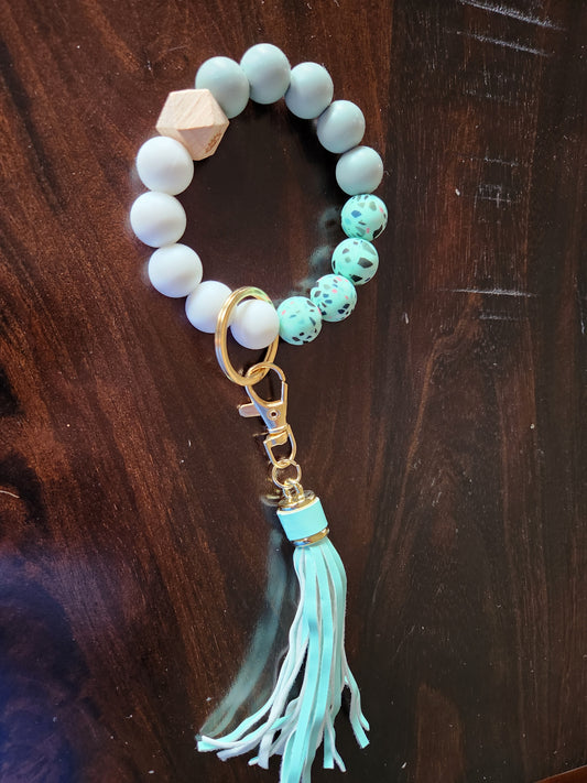 Silicone beaded tassel keychain (speckled mint green, gray, and white)