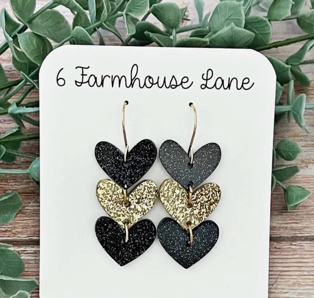 Black Glitter Heart Dangle Earrings (Black and Gold acrylic)