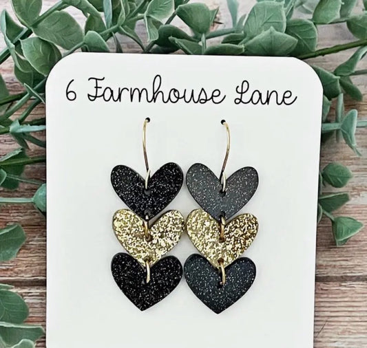 Black Glitter Heart Dangle Earrings (Black and Gold acrylic)