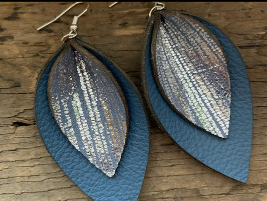 Denim Blue Rain double layered Leather earrings