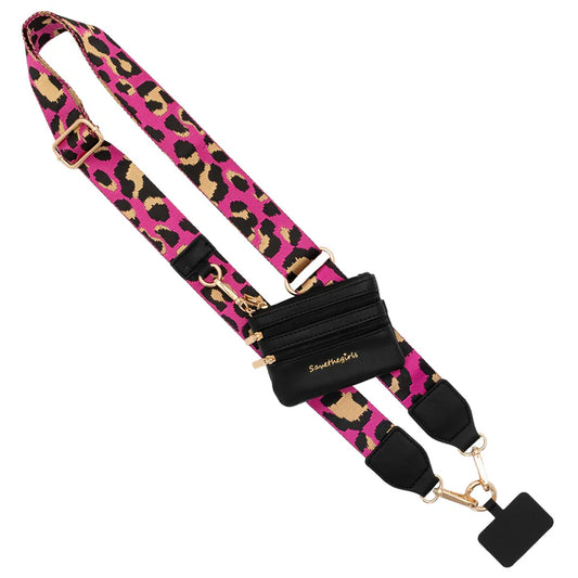 Girls on the Run Clip & Go Crossbody Phone Lanyard (PinkandBlack Leopard-GoldHardware)