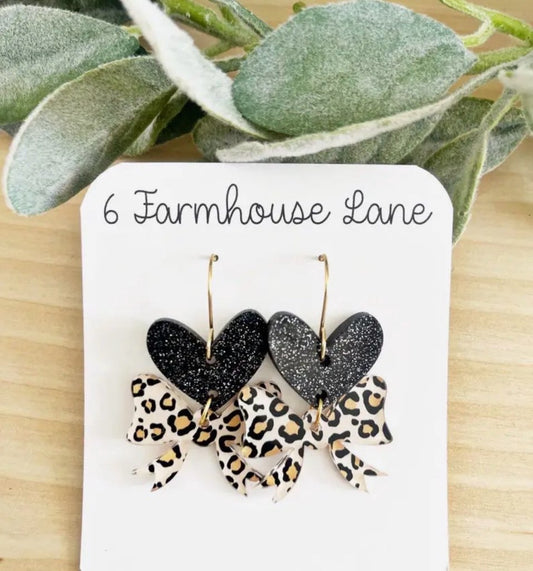 Leopard Heart Earrings (Black Glitter heart/Leopard bow/gold hooks)
