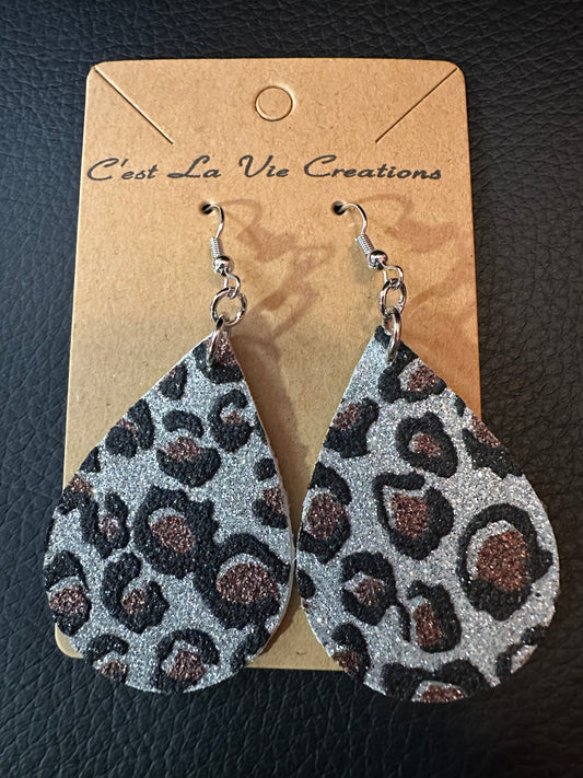 Earrings Faux Leather  Silver leopard