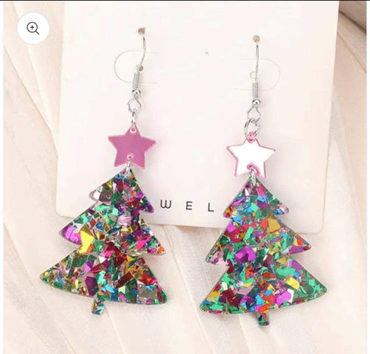 Earrings Colorful Christmas Tree with pink star