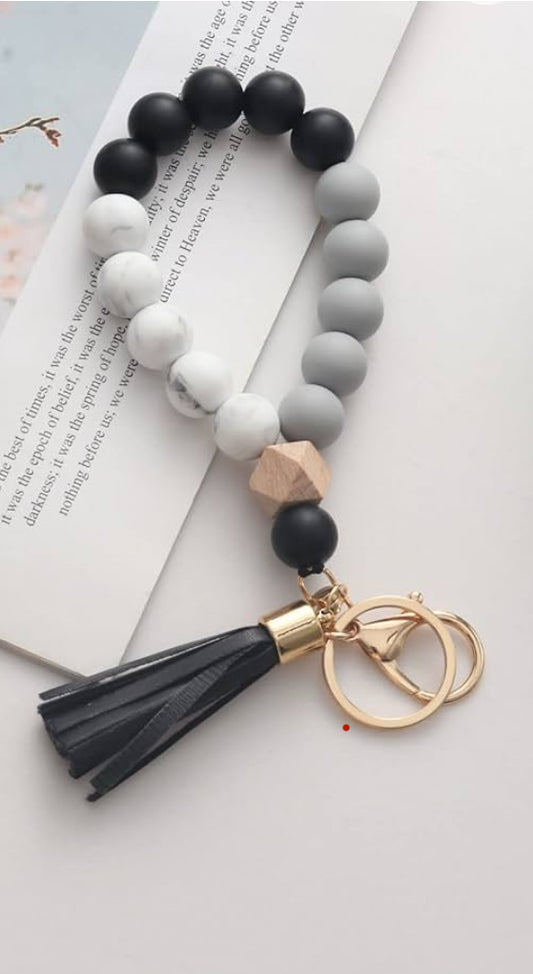 Silicone beaded tassel keychain (black, gray, white)