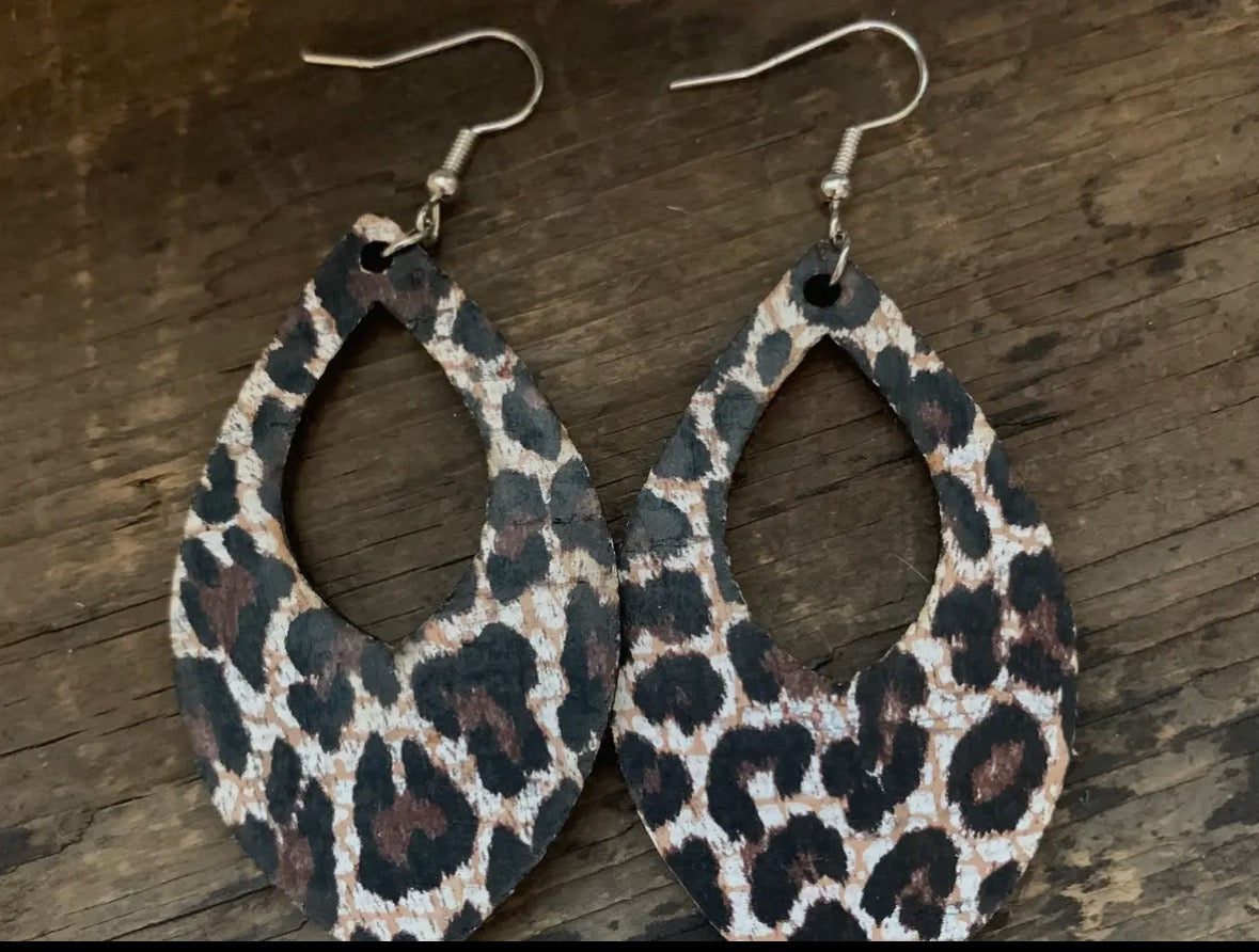 Leopard print cork and leather teardrop earrings