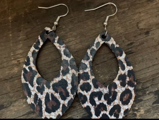 Leopard print cork and leather teardrop earrings