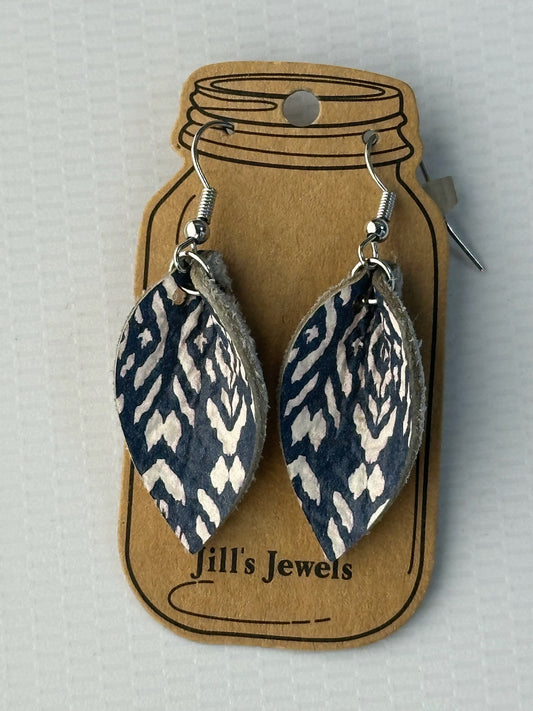 Blue and White aztec leather earrings