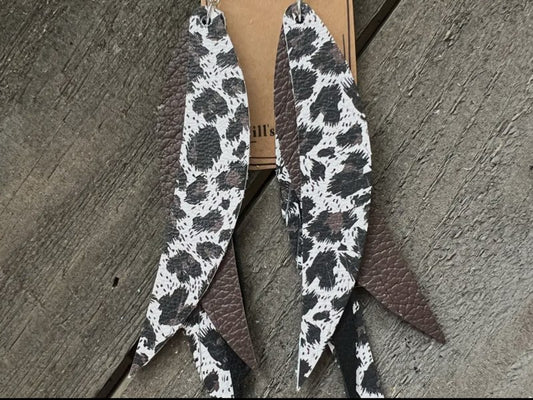 Leopard print fringe Feather Leather earrings