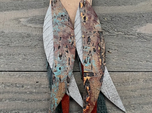 Green copper fringe Feather Leather earrings