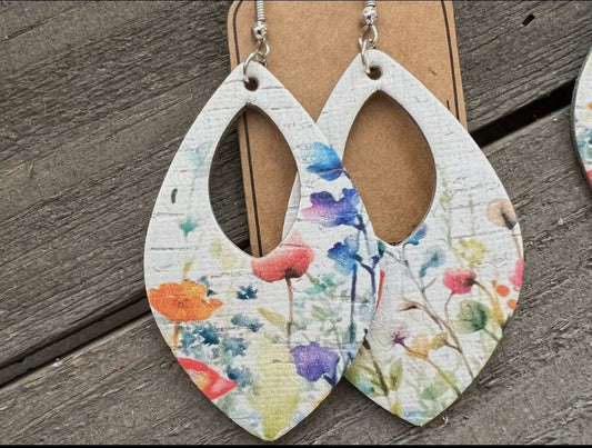 Wildflower white floral cork and leather teardrop earring