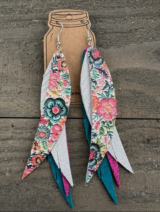 Spring Pink and Teal floral fringe Feather Leather earrings