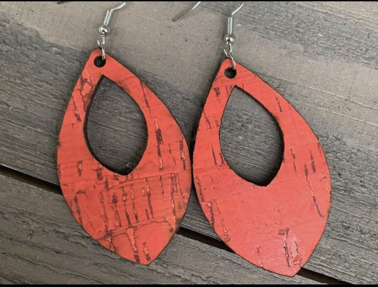 Coral orange cork and leather teardrop earring
