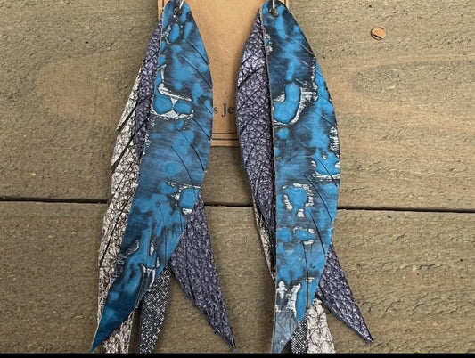 Blue Silver Western fringe Feather Leather earrings