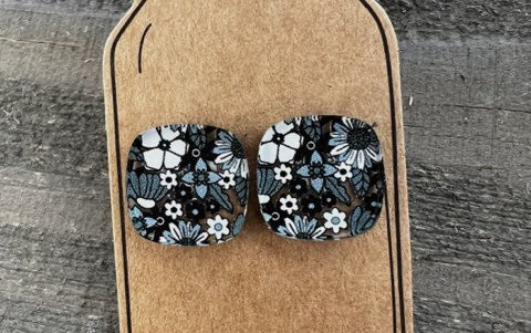 Black and White square BOHO floral stud earrings