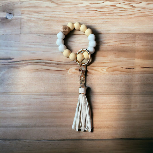 Silicone beaded tassel keychain (white, pale yellow)