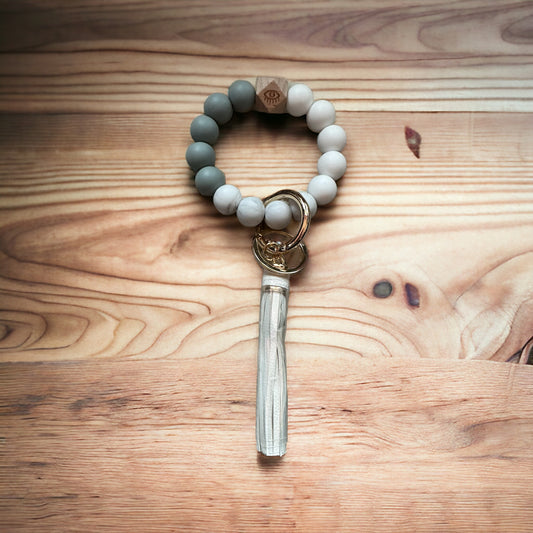 Silicone beaded tassel keychain  (gray and white)