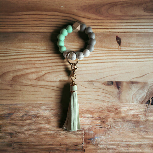 Silicone beaded tassel keychain (mint, gray, white)