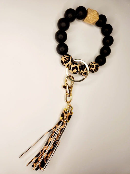 Silicone beaded tassel keychain (black and leopard)