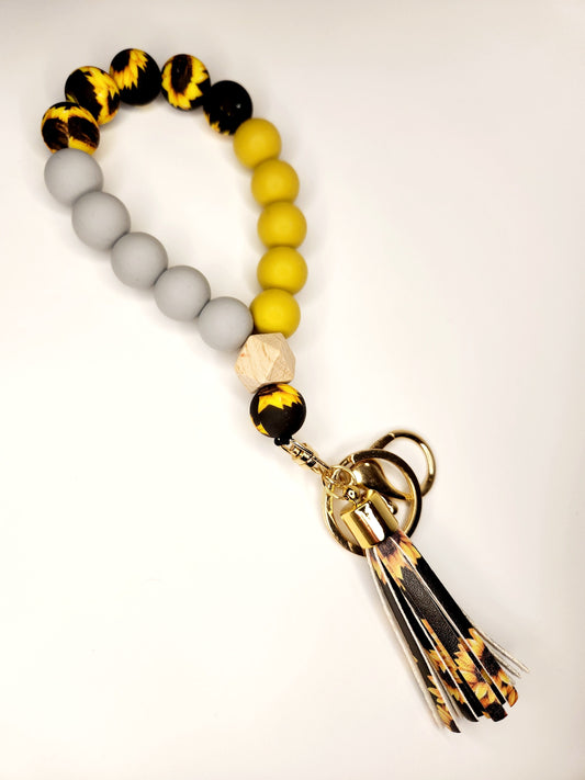 Silicone beaded tassel keychain (gray, yellow, sunflower)