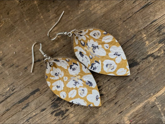 Mustard yellow poppy print leather earrings