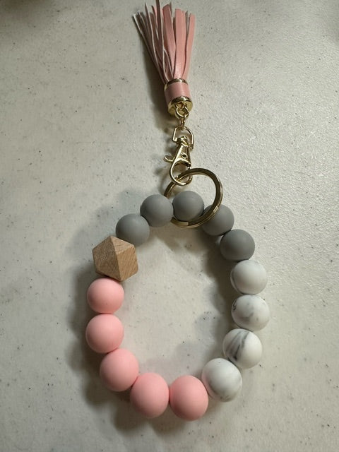 Silicone beaded tassel keychain (gray, white, pink)