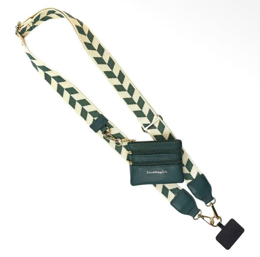 Green and Cream Chevron Save the Girls Clip & Go Strap w/Zippered Pouch