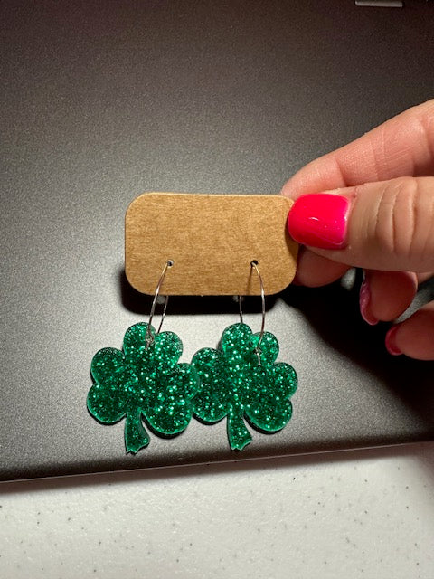 Earrings St. Patrick 3 Leaf Clover Glitter