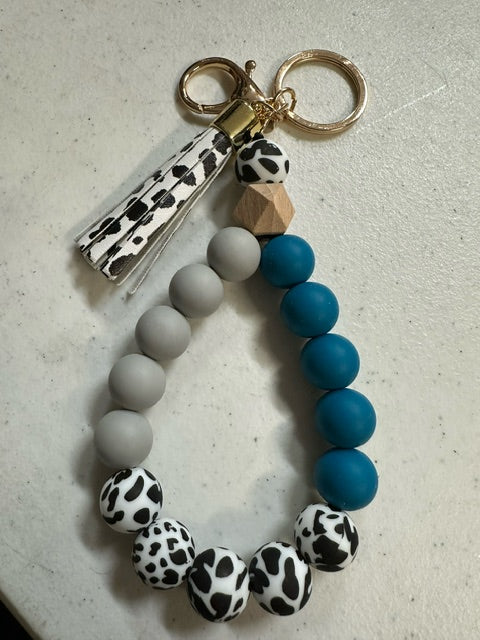 Silicone beaded tassel keychain (gray, blue, cow print)