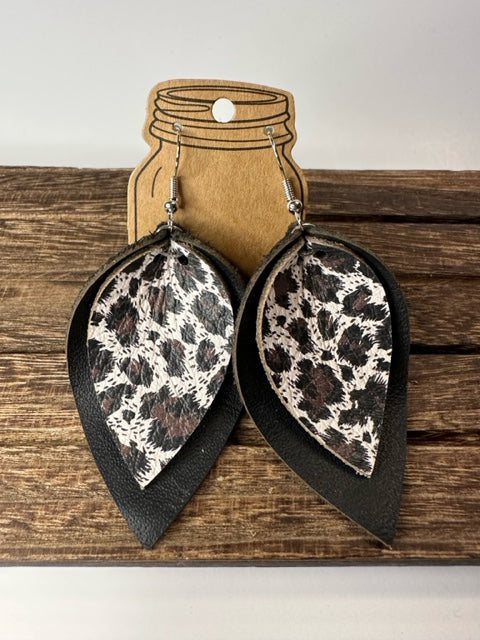 Earrings Brown Cow print on Black Leather